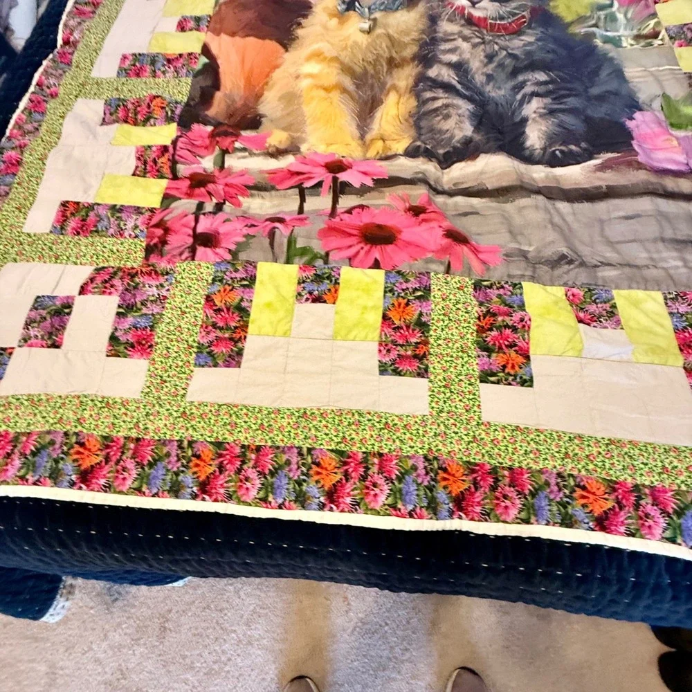 Quilt Two Adorable Kittens Pink Flowers Log Cabin Design Cozy Blanket 64